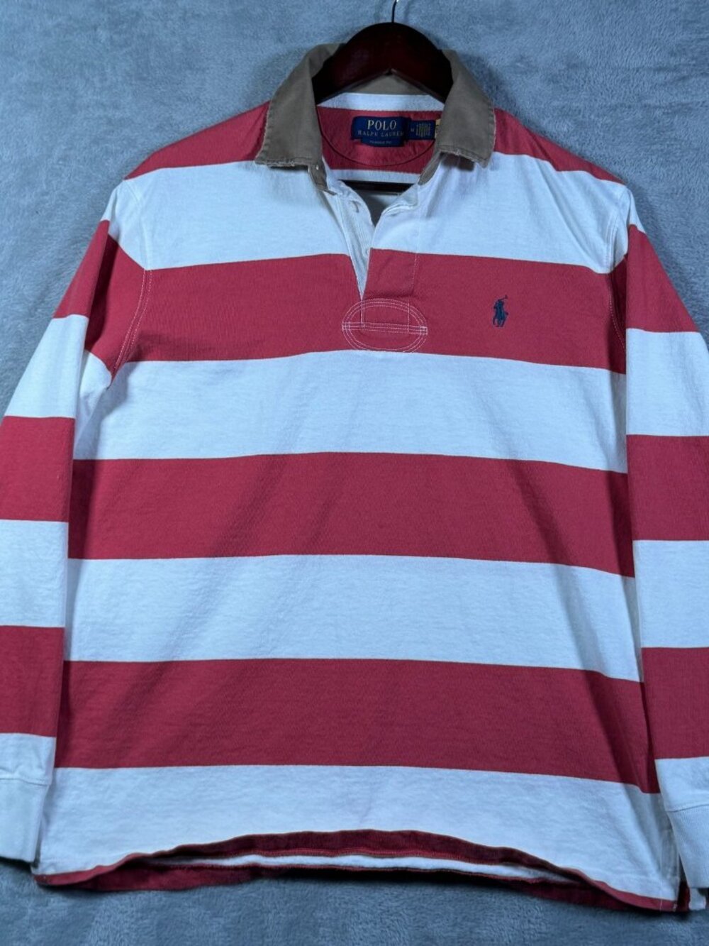 Polo Ralph Lauren Rugby Shirt Mens M Red Striped Classic Fit Khaki Collar